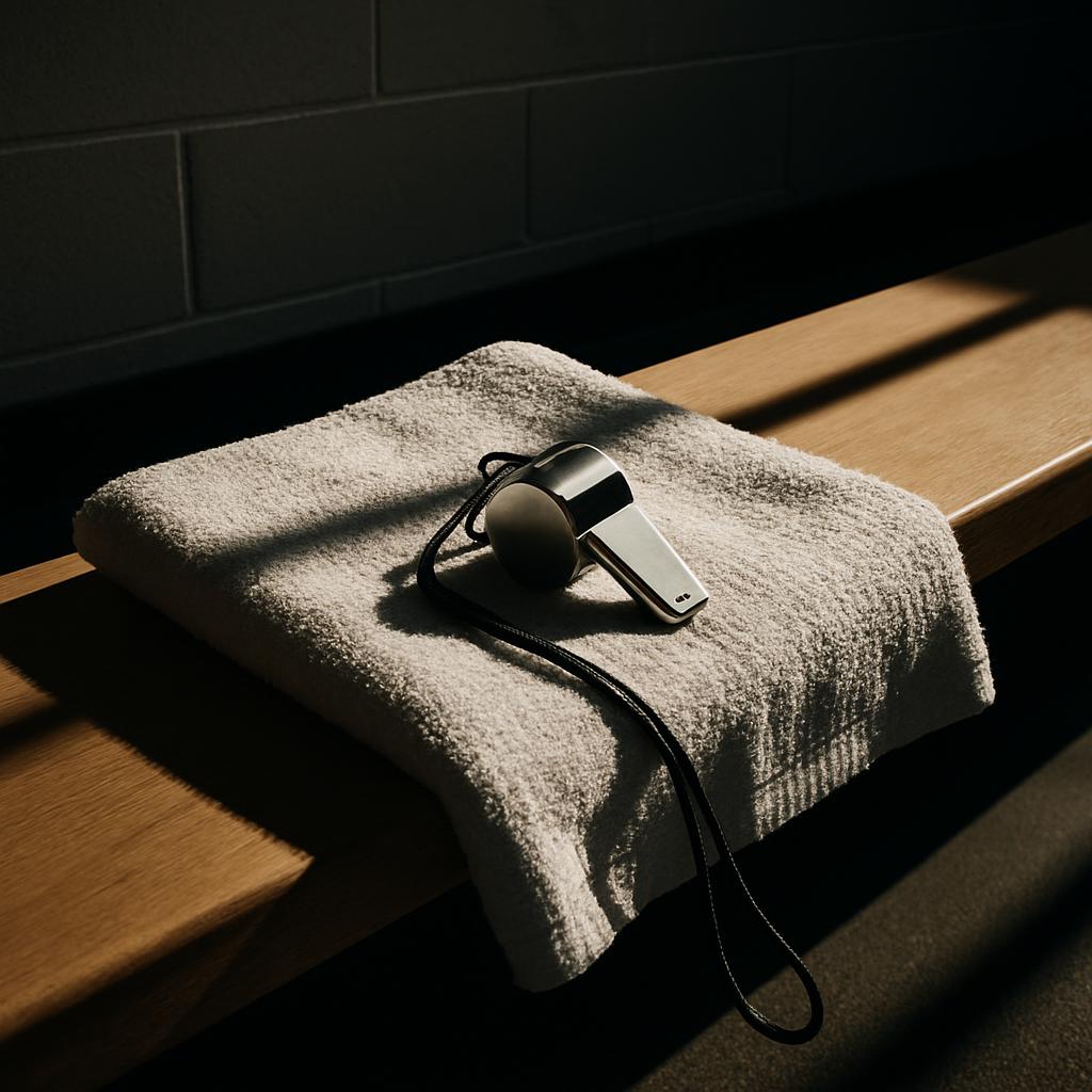 A gray towel is neatly folded on a wooden bench, with a small black and silver device placed on top. The towel is folded i...